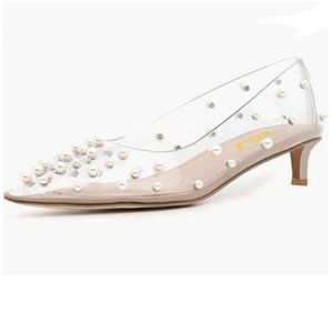 FSJ Clear Transparent Kitten Heels Pointed Toe Pearl Pumps. Fits more like an 11